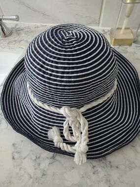 Striped Navy & White Womens Scala Sun Hat with Braided Rope Accent
